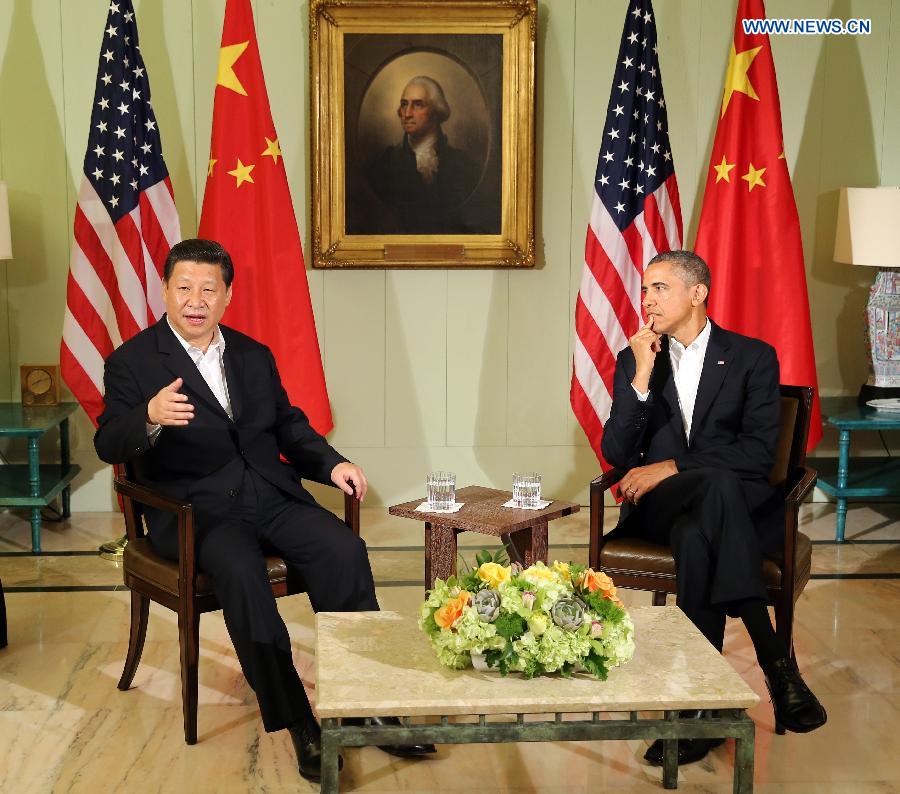 Chinese President Xi Jinping (L) and U.S. President Barack Obama meet the press after their meeting at the Annenberg Retreat, California, the United States, June 7, 2013. (Xinhua/Yao Dawei) 