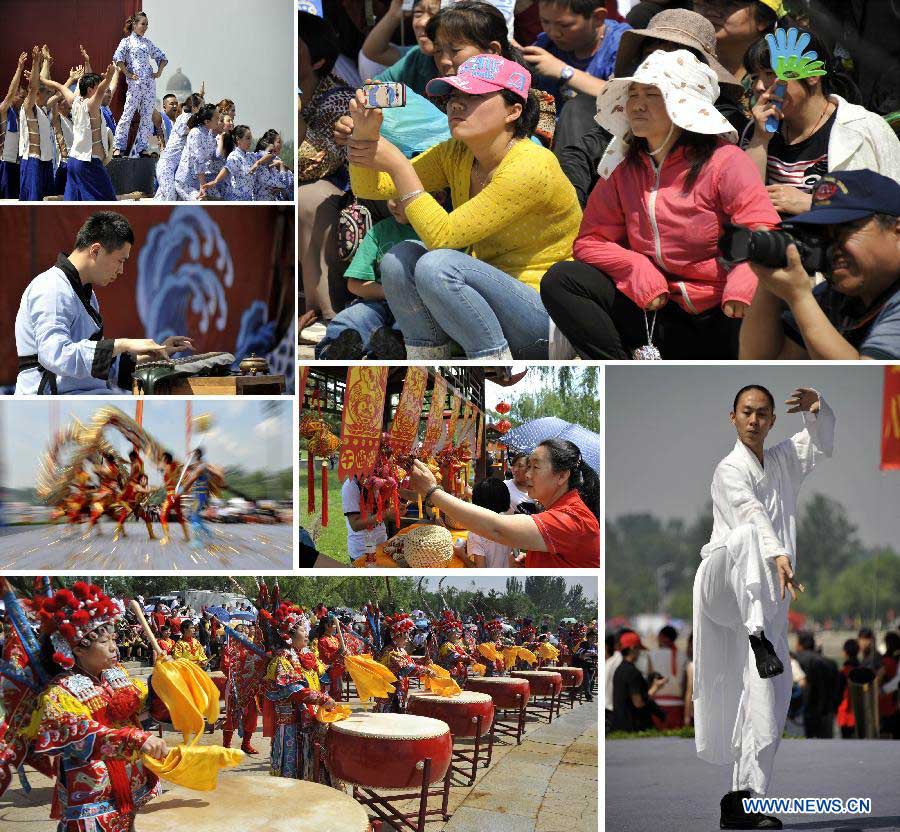 Combo photo taken on June 10, 2013 shows visitors and actors at a cultural festival during the Dragon Boat (Duanwu) Festival holiday in Yanqing County of Beijing, capital of China. The Duanwu Festival, which is celebrated across China to pay homage to Qu Yuan, a patriotic poet during the Warring State Period (475-221 BC), falls on the fifth day of the fifth month in the Chinese lunar calendar, or June 12 this year. (Xinhua/Li Xin) 