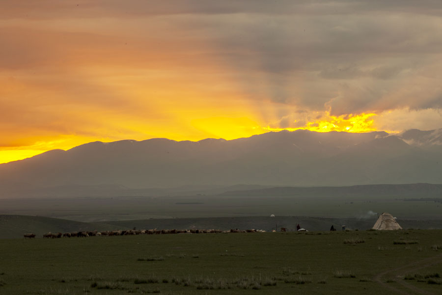On the Shaosu Grasslands in Yili, the sunset gilds the clouds with a wisp of gold. (Photo/Guo Chunyan)