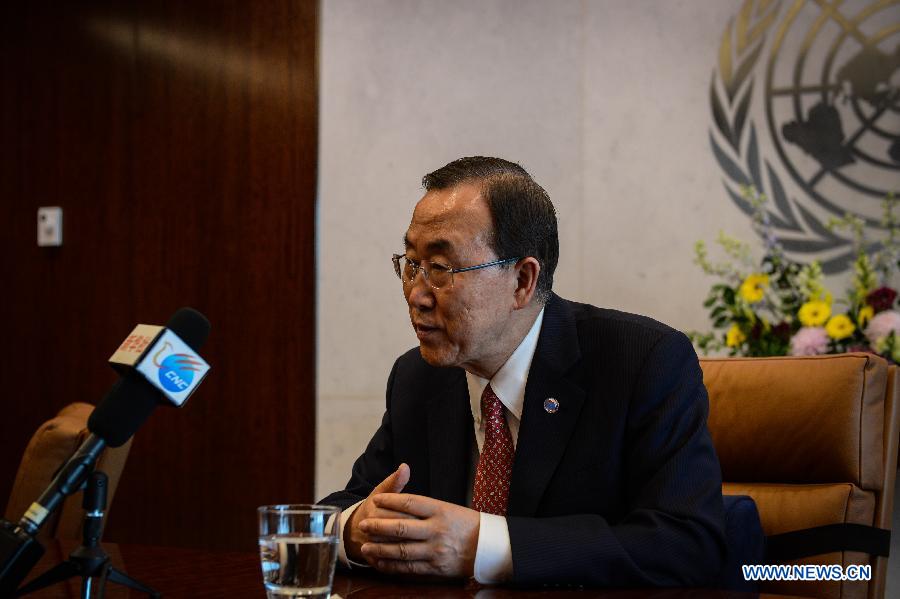 UN Secretary-General Ban Ki-moon receives an interview of Xinhua News Agency at the UN headquarters in New York, the United States, on June 13, 2013. UN Secretary-General Ban Ki-moon said that he is looking forward to meeting members of the new Chinese leadership and he hopes to see "an even bigger and stronger partnership" between the United Nations and China. The secretary-general made the remarks in an interview with Xinhua ahead of an official visit to China from June 18 to 21 at the invitation of the Chinese government. (Xinhua/Niu Xiaolei) 