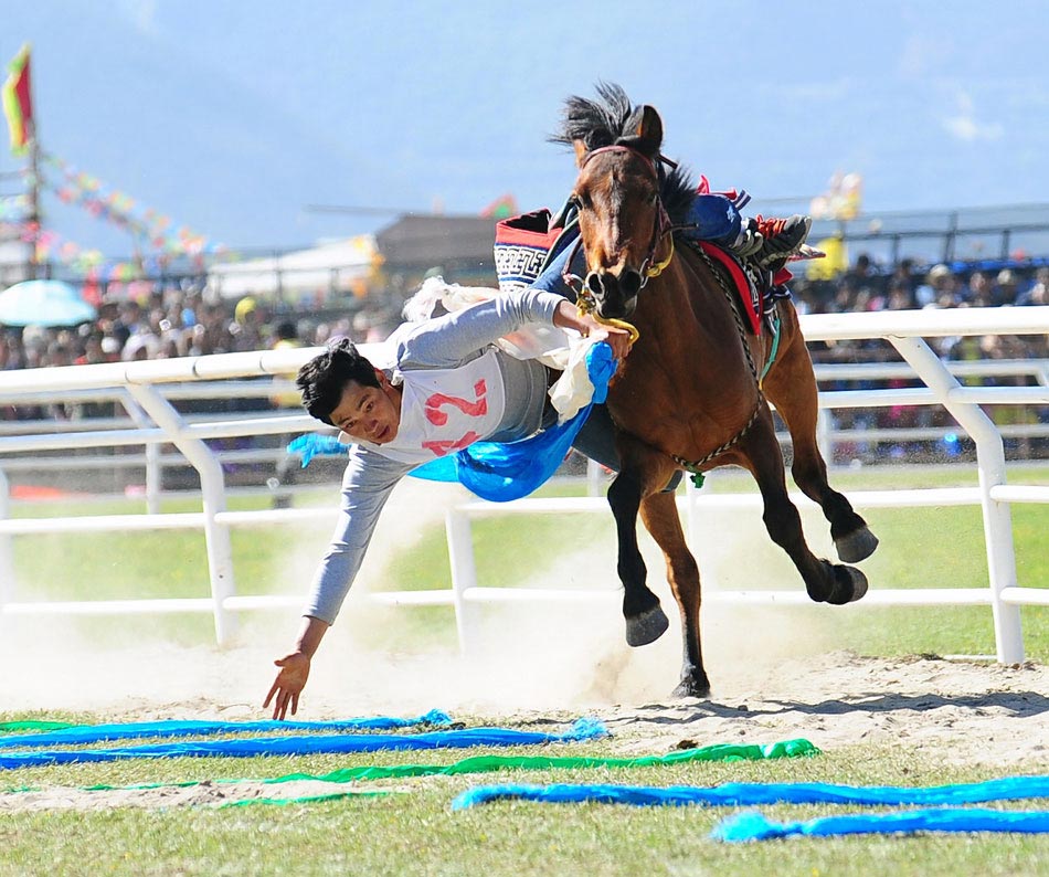 A Tibetan rider on a galloping horse picks up a hada in the three-day Shangri-la Horse Race Festival, southwest China’s Yunnan province, June 12, 2013. (Xinhua/Qin Lang)