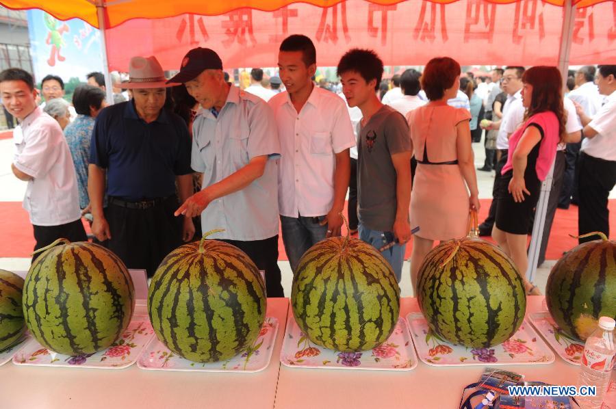People take a look at the watermelons displayed during a watermelon festival in Fucheng County, north China's Hebei Province, June 18, 2013. The Fucheng County is a well-known watermelon growing area in north China, which grows 119,000 mu (about 8,000 hectares) watermelons and produces 550,000 tonnes of watermelons annually, with the annual sales volume reaching about 1 billion yuan (163.2 million U.S. dollars). (Xinhua/Wang Min)