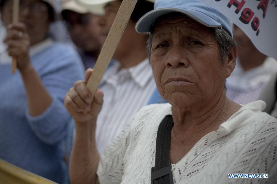 A woman participates in a rally convened by farmer's organizations in Mexico City, capital of Mexico, on June 19, 2013. Organizations integrated to the Agrarian Permanent Congress, and others like the Broad Front of Farmers, "El Barzon" (National Union of Agricultural Producers, Traders, Industrialists and Service Providers) and the "Plan de Ayala" Coordinator, attended the rally demanding better conditions for the countryside, according to the local press. (Xinhua/Alejandro Ayala)