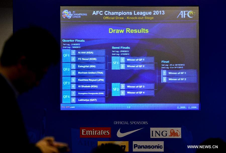 The screen shows the result of the draw for the 2013 AFC Champions League quarterfinals in Kuala Lumpur, Malaysia, June 20, 2013. (Xinhua/Chong Voon Chung)
