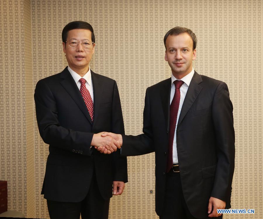 Chinese Vice Premier Zhang Gaoli (L) meets with Russia's Deputy Prime Minister Arkady Dvorkovich, who co-chairs the China-Russia energy cooperation committee, in St. Petersburg, Russia, June 20, 2013. (Xinhua/Liu Weibing)