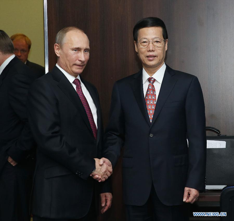 Russian President Vladimir Putin meets with Chinese Vice Premier Zhang Gaoli (R) who is the representative of Chinese government to attend the St. Petersburg International Economic Forum, in St. Petersburg, Russia, June 20, 2013. (Xinhua/Pang Xinglei)