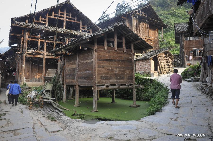 Photo taken on June 21, 2013 shows the Dimen Dong minority village in the morning in Liping County of southwest China's Guizhou Province. Dimen is a Dong minority village with about 2,500 villagers. It is protected properly and all the villagers could enjoy their peaceful and quiet rural life as they did in the past over 700 years. (Xinhua/Ou Dongqu) 