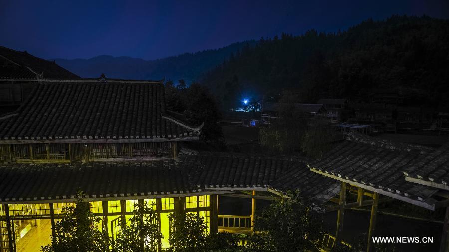 Photo taken on June 20, 2013 shows the Dimen Dong minority village in the evening in Liping County of southwest China's Guizhou Province. Dimen is a Dong minority village with about 2,500 villagers. It is protected properly and all the villagers could enjoy their peaceful and quiet rural life as they did in the past over 700 years. (Xinhua/Ou Dongqu)
