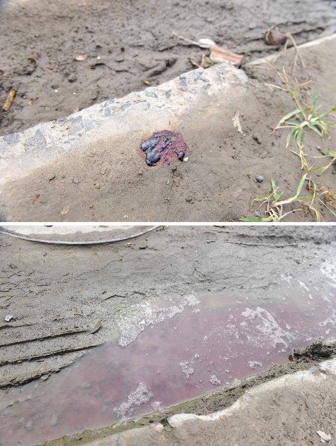 Combo photo shows bloodstain at the murder site at a chemical factory in Baoshan District, east China's Shanghai Municipality, June 23, 2013. Police arrested late Saturday a 62-year-old man, surnamed Fan, who murdered six people, including four colleagues, a driver and a barracks guard in Shanghai. (Xinhua/Lai Xinlin)