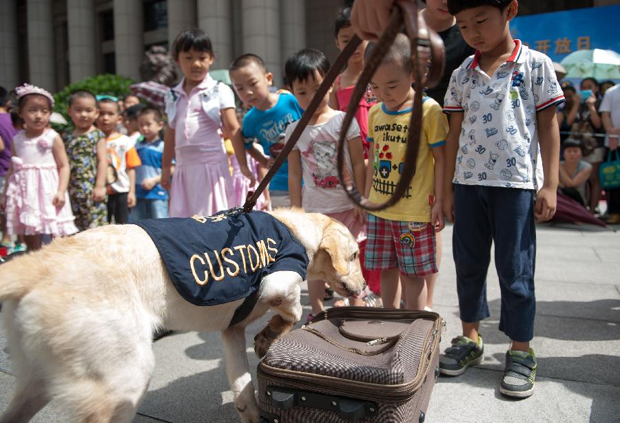 Children watch a detection dog sniffing a luggage case during an "open day" of the Customs in Guangzhou, capital of south China's Guangdong Province, June 23, 2013. An "open day" activity was held here for the residents to know about the works of drug-sniffing dogs. (Xinhua/Mao Siqian)  