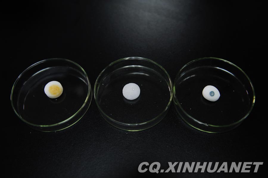 After reagent is dropped on the samples, only real camphor ball's color turns into brown. (Xinhua/ Huang Junhui) 