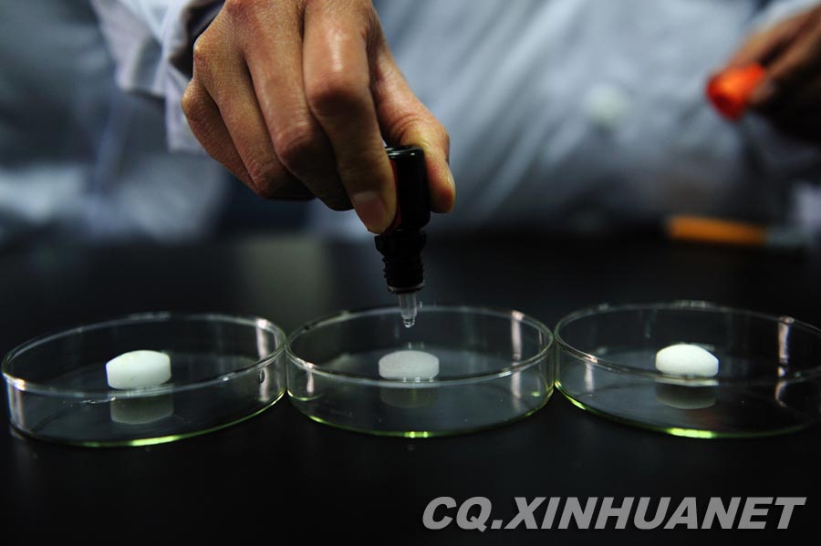 Chemical reagent is also used to identify real camphor balls in Lyu's laboratory. (Xinhua/ Huang Junhui) 