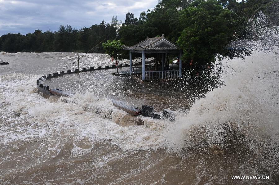 Huge wave hit the beachside of Leshan Village in Fangchenggang City, south China's Guangxi Zhuang Autonomous Region, June 23, 2013. The tropical storm Bebinca has brought strong rain to Guangxi. (Xinhua/Liang Zongyang) 