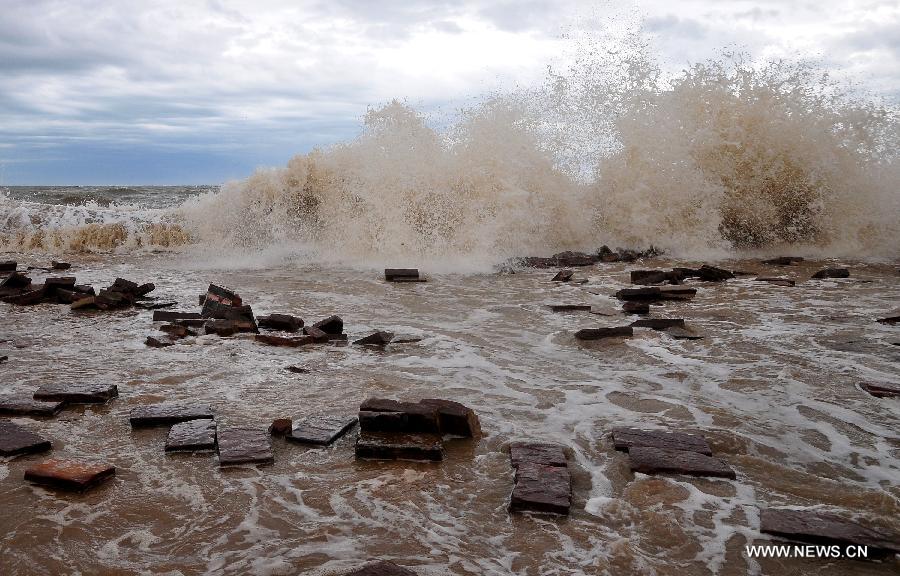 Huge wave hit the beachside of Leshan Village in Fangchenggang City, south China's Guangxi Zhuang Autonomous Region, June 23, 2013. The tropical storm Bebinca has brought strong rain to Guangxi. (Xinhua/Liang Zongyang)