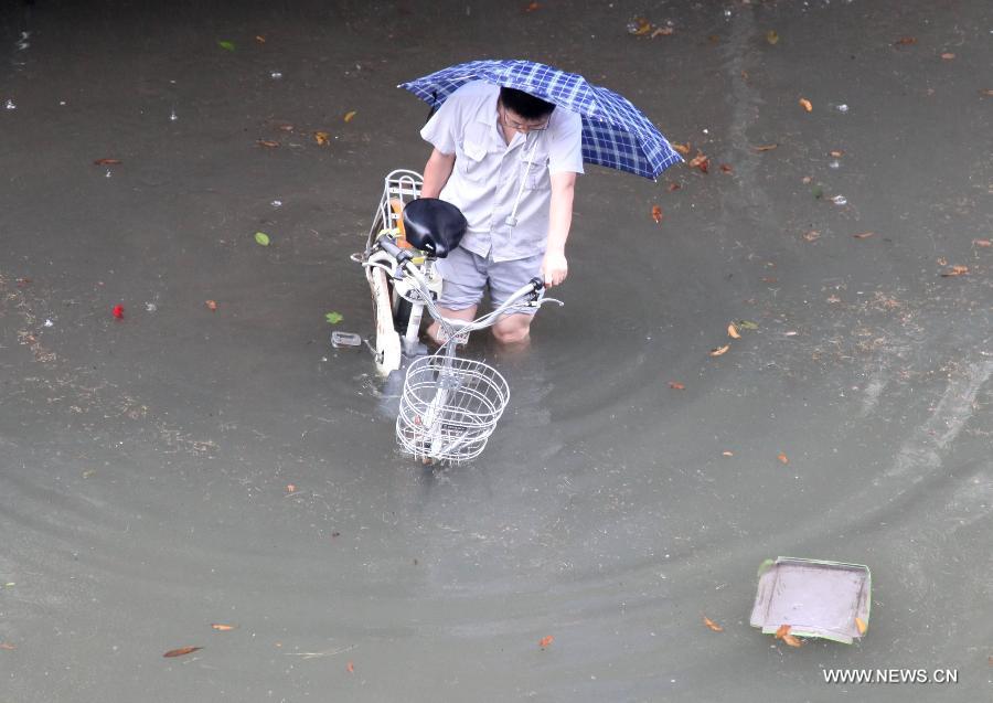 A citizen pushes an electric bicycle on a waterlogged road in Nanjing City, capital of east China's Jiangsu Province, June 25, 2013. Heavy rainfall hit many parts of Jiangsu on Tuesday. (Xinhua)