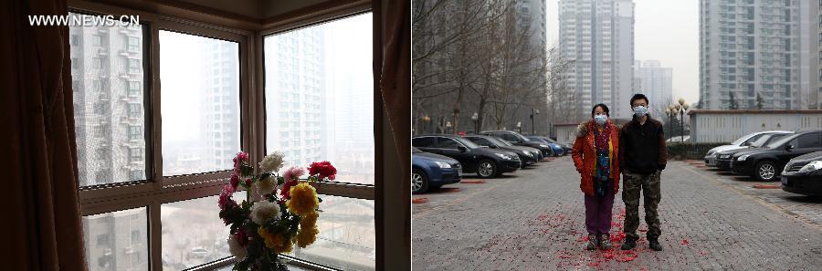 Combined photo taken on Feb. 24, 2013 shows the bedroom of the couple Liu Yingjun and Yang Guang (L) and their portrait in the Chaoyang District of Beijing, capital of China. Beijing has suffered from haze for several times since the beginning of this year. This photo featured the indoor and outdoor experiences of citizens in Beijing during the haze weather. (Xinhua/Jin Liwang) 