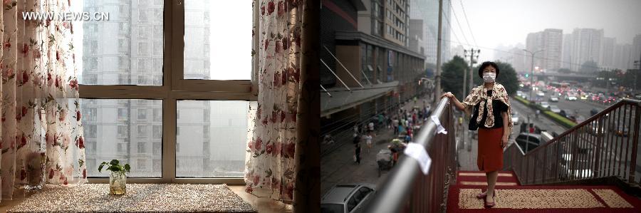 Combined photo taken on March 26, 2013 (L) and June 16, 2013 shows the bedroom of the 58-year-old Zhao Lina and her portrait in the Chaoyang District of Beijing, capital of China. Beijing has suffered from haze for several times since the beginning of this year. This photo featured the indoor and outdoor experiences of citizens in Beijing during the haze weather. (Xinhua/Jin Liwang)  