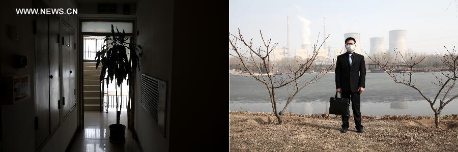 Combined photo taken on March 8, 2013 shows a green plant in the corridor of Lawyer Tong Fei's home (L) and his portrait in a park of Beijing, capital of China. He said he installed air cleaners in each room of his house. Beijing has suffered from haze for several times since the beginning of this year. This photo featured the indoor and outdoor experiences of citizens in Beijing during the haze weather. (Xinhua/Jin Liwang)
