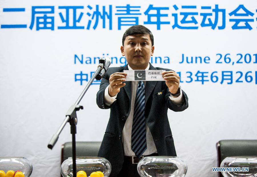 Avazbek Berdikulov, Asian Football Confederation's National Team Copetitions Department director, takes part in the Draw Ceremony of 2013 Asian Youth Games in Nanjing, capital of east China's Jiangsu Province, June 26, 2013. (Xinhua/Li Mangmang) 