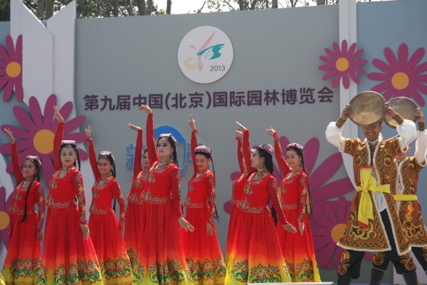 Xinjiang dancers at Crape Myrtle (Ziwei) Square, Beijing Garden Expo, on June 23. (chinadaily.com.cn)