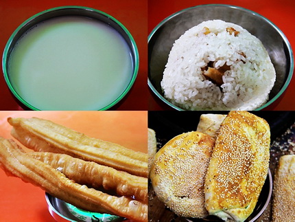 Four popular breakfast foods among Shanghai residents are known as the "four heavenly kings." They are (clockwise, from upper left) doujiang, or soybean milk; cifantuan, or steamed glutinous rice balls; dabing, or thin pancakes spread with sesame seeds, and youtiao, or deep-fried dough sticks.(Shanghai Daily)