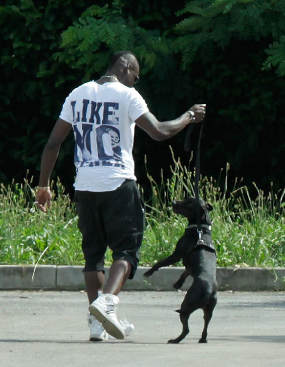 Mario Balotelli has been ruled out of Italy's Confederations Cup semifinal against Spain because of a thigh injury, so he went back and walked the dog. (Photo/Osports)