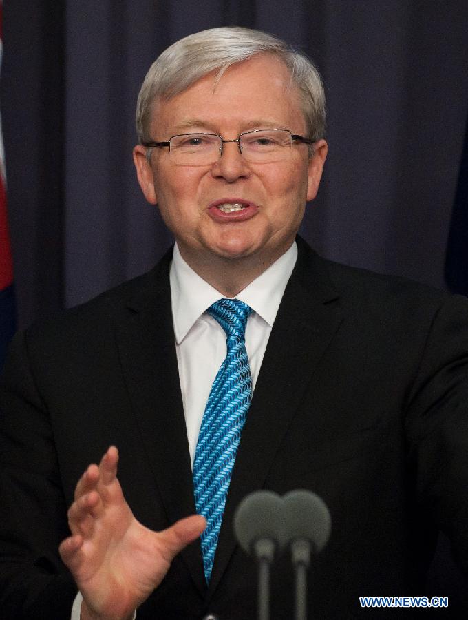 Australian new Prime Minister Kevin Rudd speaks during the first press conference since reassuming the leadership of the Australian Labor Party and consequently becoming the Australian prime minister for the second time, at Parliament House in Canberra, Australia, June 28, 2013. (Xinhua/Bai Xue)