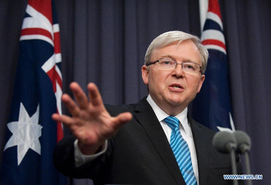 Australian new Prime Minister Kevin Rudd speaks during the first press conference since reassuming the leadership of the Australian Labor Party and consequently becoming the Australian prime minister for the second time, at Parliament House in Canberra, Australia, June 28, 2013. (Xinhua/Bai Xue)