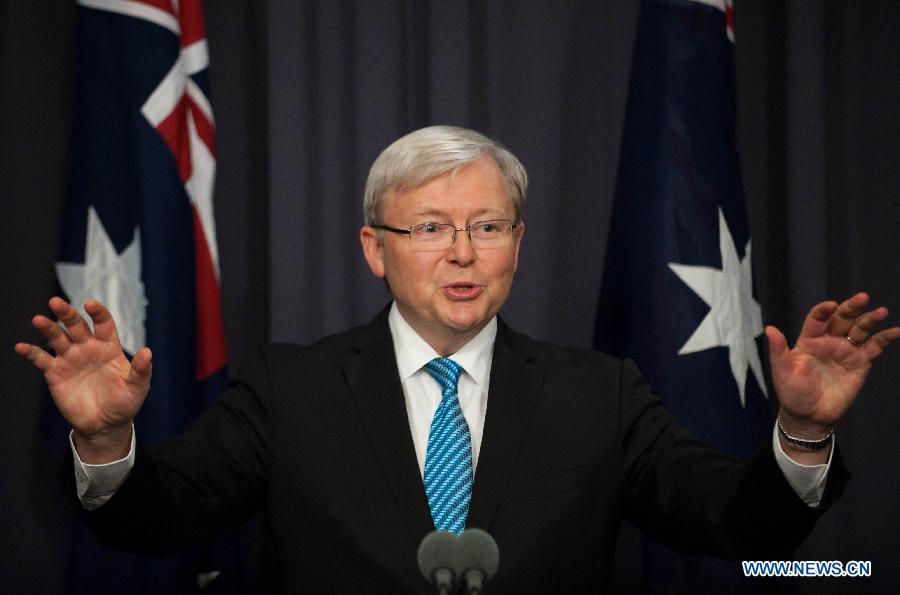 Australian new Prime Minister Kevin Rudd speaks during the first press conference since reassuming the leadership of the Australian Labor Party and consequently becoming the Australian prime minister for the second time, at Parliament House in Canberra, Australia, June 28, 2013. (Xinhua/Bai Xue)