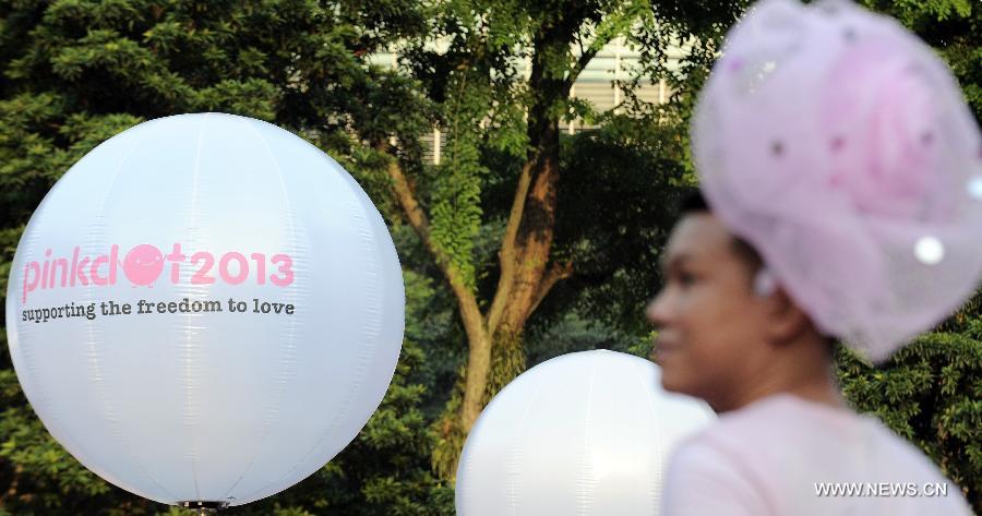 A participant take part in a rally called the "Pink Dot" to promote an acceptance of the Lesbian, Gay, Bisexual and Transgender community in Hong Lim Park in Singapore, on June 29, 2013.(Xinhua/Then Chih Wey)
