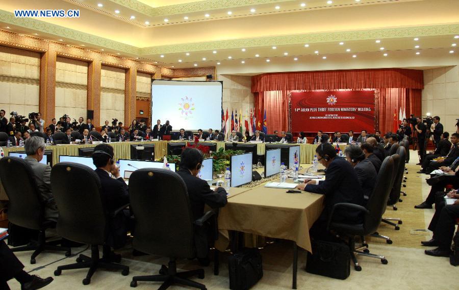 Photo taken on June 30, 2013 shows a scene of an ASEAN+3 ministerial meeting in Bandar Seri Begawan, Brunei. Chinese Foreign Minister Wang Yi on Sunday asked for efforts to make cooperation between the Association of Southeast Asian Nations (ASEAN) and China, Japan, South Korea the main cooperation channel in East Asia. (Xinhua/Jin Yi)