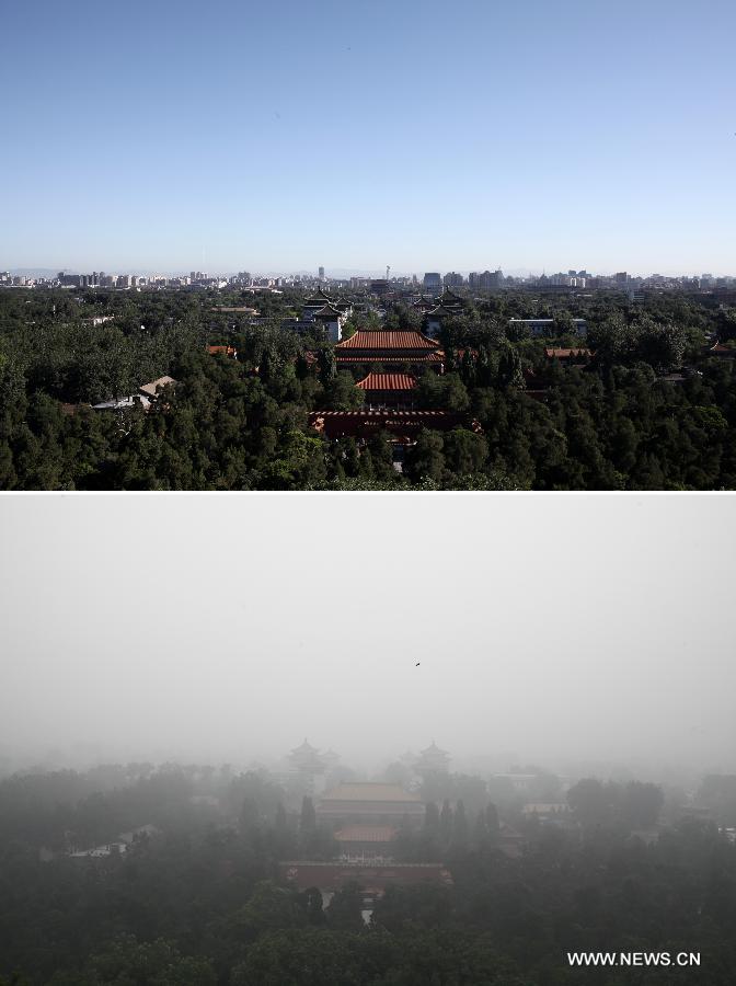 The combined photo taken at the Jingshan Park shows the scene of northern Beijing on July 2, 2013 (Up) and on June 28, 2013 (Bottom). A heavy rainfall and strong wind hit Beijing at the night of July 1, 2013, eliminating the haze enveloping China's capital in recent days, and bringing a clear day to it on July 2. (Xinhua/Jin Liwang)