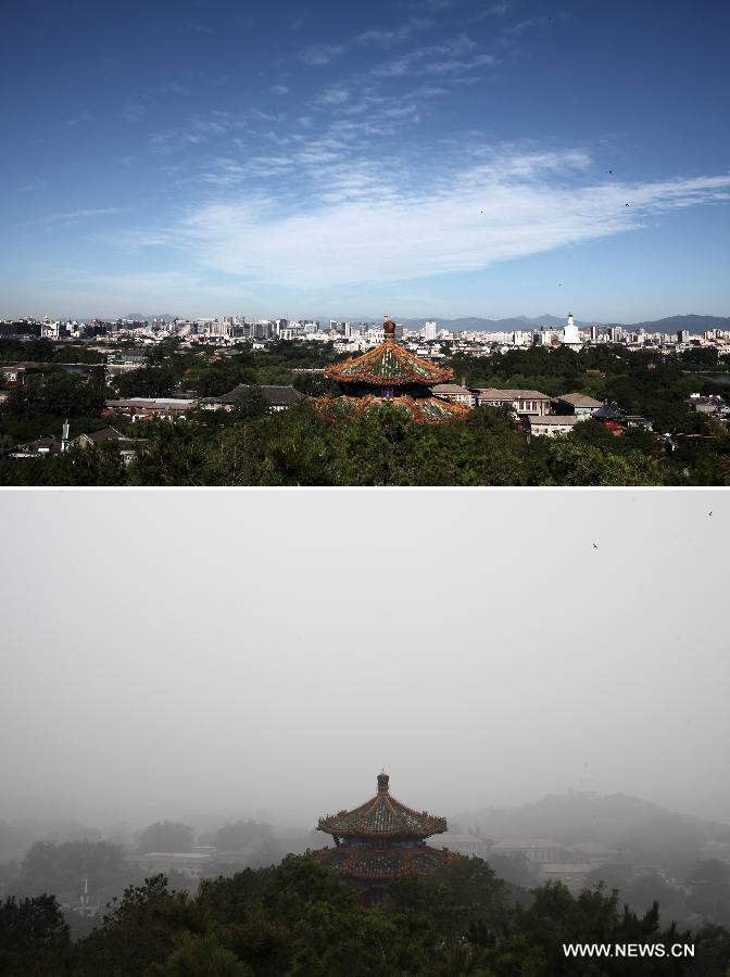 The combined photo taken at the Jingshan Park shows the scene of western Beijing on July 2, 2013 (Up) and on June 28, 2013 (Bottom). A heavy rainfall and strong wind hit Beijing at the night of July 1, 2013, eliminating the haze enveloping China's capital in recent days, and bringing a clear day to it on July 2. (Xinhua/Jin Liwang)