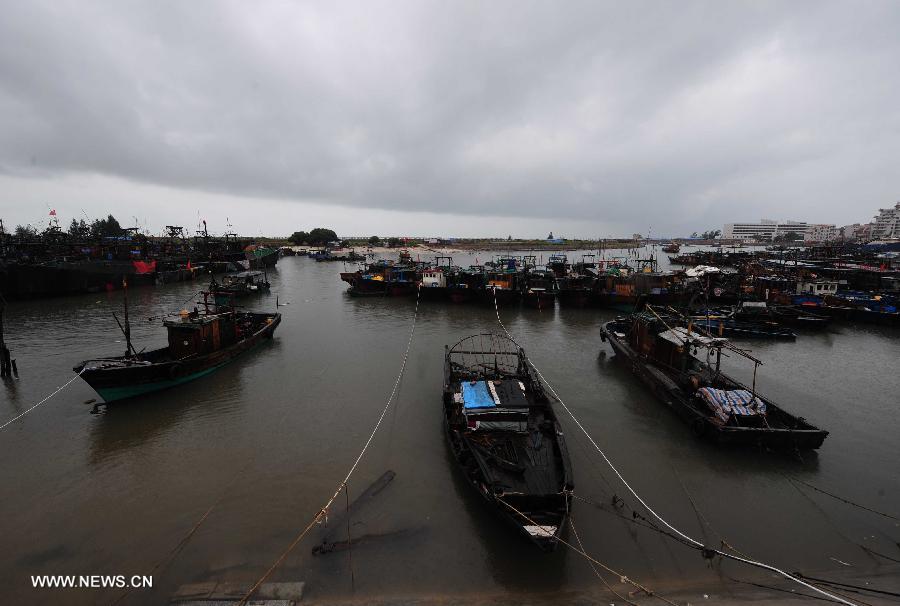 Fishing boats are berthed in a harbor in Beihai, south China's Guangxi Zhuang Autonomous Region, July 2, 2013. Strong tropical storm Rumbia entered into Guangxi on Tuesday. (Xinhua/Huang Xiaobang) 