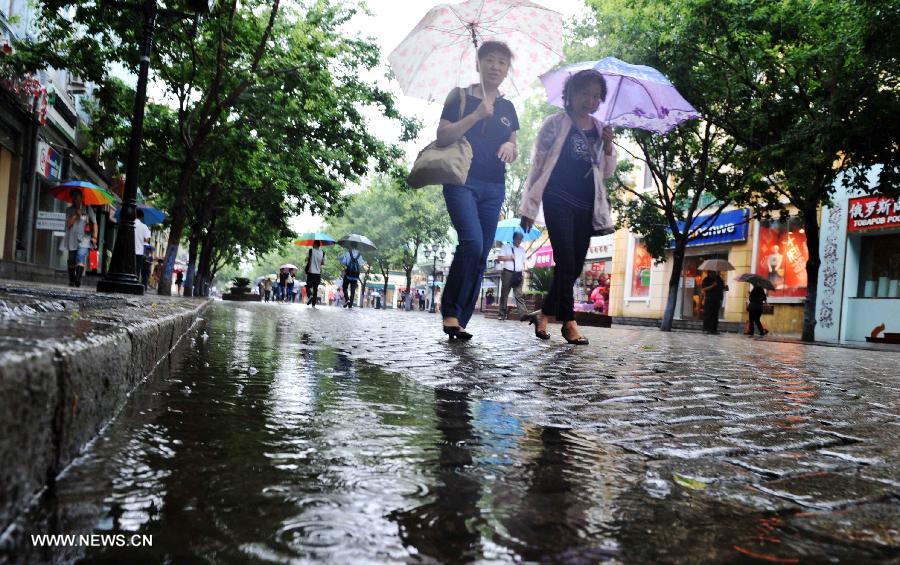 People walk on the street in Harbin, capital of northeast China's Heilongjiang Province, July 2, 2013. The local meteorological center in Heilongjiang Province issued a blue rainstorm alert on Tuesday.(Xinhua/Wang Jianwei)