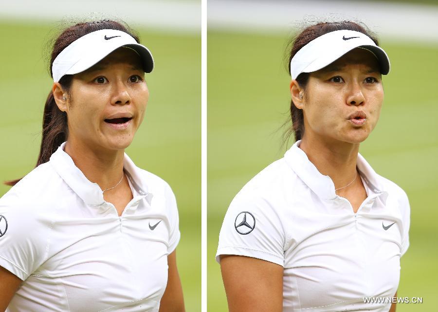 This combo photo shows Li Na of China reacts during the quarterfinal of women's singles against Agnieszka Radwanska of Poland on day 8 of the Wimbledon Lawn Tennis Championships at the All England Lawn Tennis and Croquet Club in London, Britain on July 2, 2013. Li Na lost 1-2. (Xinhua/Yin Gang) 