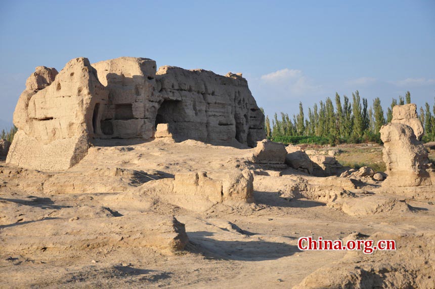 The Ancient City of Jiaohe, also known as Ancient City on Ya'er Lake, is an ancient Chinese archaeological site found in the Yarnaz Valley, 10 km west of the city of Turpan, Xinjiang province. It was a prefecture of the Gaochang during the Sixteen States (304AD-439 AD) and a county of the Gaochang Prefecture after the 14th year (640 AD) of the Zhenguan reign during the Tang Dynasty. (China.org.cn/Chen Xiangzhao)