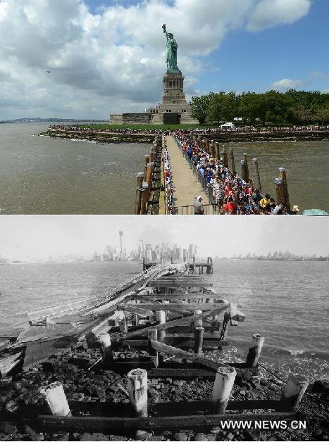 Combo photo shows people visit the Statue of Liberty at Liberty Island in New York, the United States, on July 4, 2013, the U.S. Independence Day(top) and the aftermath of Hurricane Sandy in late 2012 (bottom). The Statue of Liberty and Liberty Island reopened to the public on Thursday for the first time since Hurricane Sandy made landfall on Oct. 29, 2012. (Xinhua) 