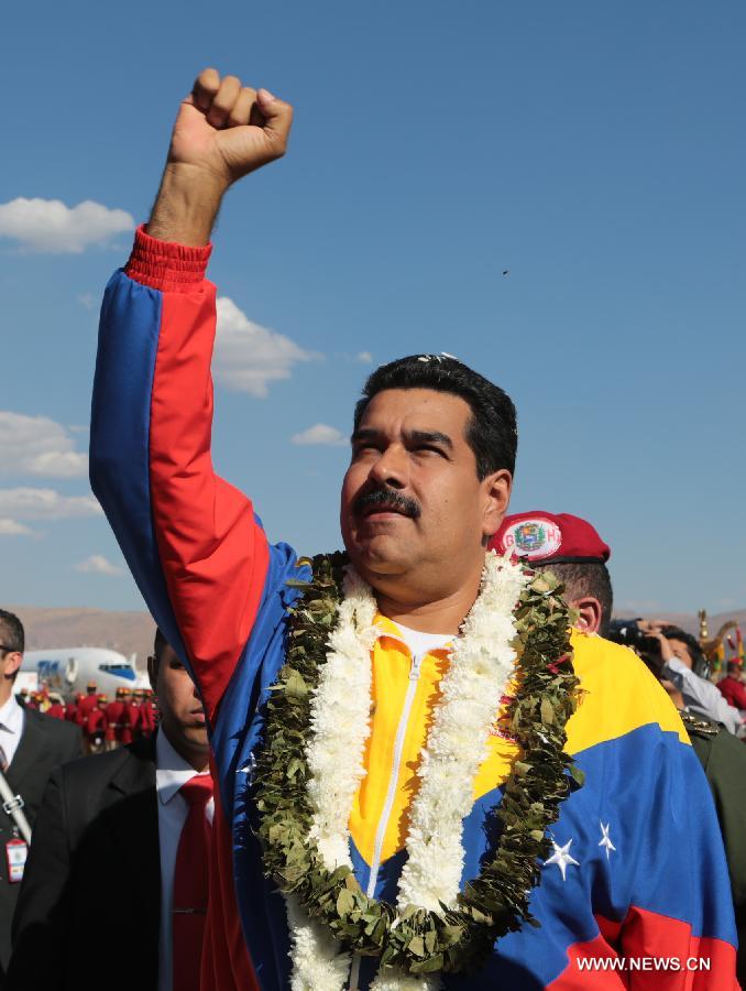 Image provided by Venezuela's Presidency shows Venezuelan President, Nicolas Maduro, reacting at his arrival to Cochabamba, Bolivia, on July 4, 2013. Nicolas Maduro arrived to Bolivia to assist to the urgent meeting of the Union of South American Nations (UNASUR, by its Spanish acronym). (Xinhua/Venezuela's Presidency) 