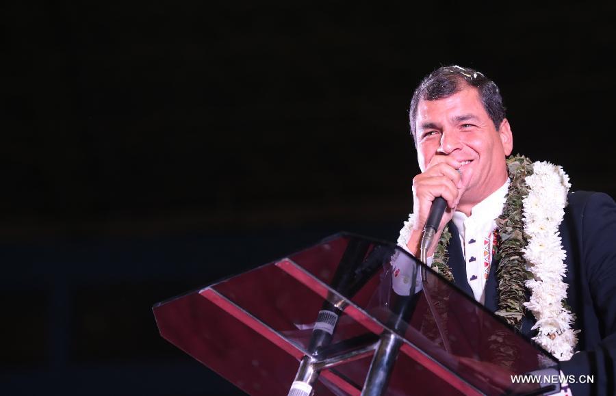 Image provided by Venezuela's Presidency shows President of Ecuador Rafael Correa delivering a speech during the meeting of the Union of South American Nations (UNASUR, by its acronym in Spanish) in Cochabamba, Bolivia, on July 4, 2013. (Xinhua/Venezuela's Presidency)