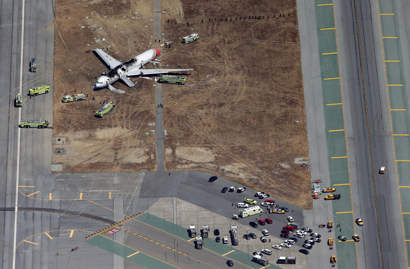 An aerial photo shows the wreckage of the Asiana Flight 214 airplane after it crashed at the San Francisco International Airport in San Francisco, July 6, 2013. Two Chinese women were confirmed dead in the crash, South Korea's transportation ministry said Sunday. (Photo/Xinhua)