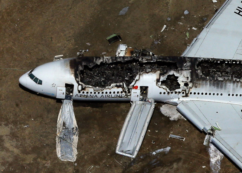 An aerial photo shows the wreckage of the Asiana Flight 214 airplane after it crashed at the San Francisco International Airport in San Francisco, July 6, 2013. Two Chinese women were confirmed dead in the crash, South Korea's transportation ministry said Sunday. (Photo/Xinhua)