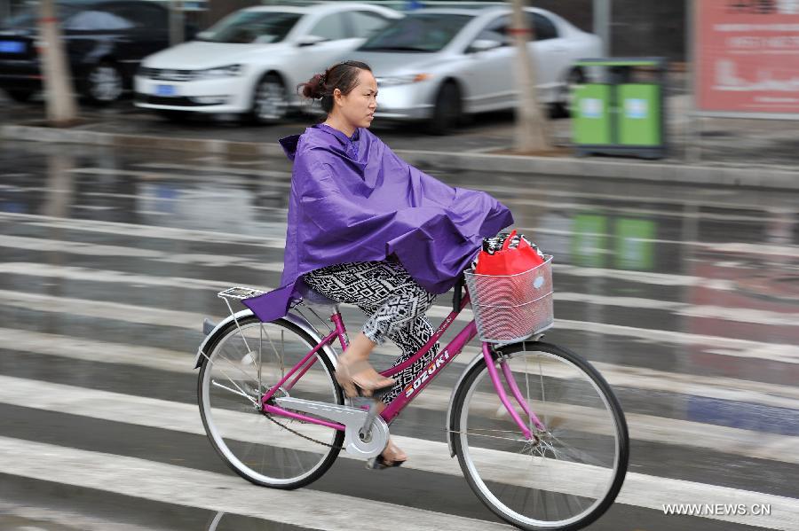 A woman rides in rain cape in Yinchuan, capital of northwest China's Ningxia Hui Autonomous Region, July 7, 2013. Xiaoshu (Lesser Heat), the 11th of the 24 solar terms in the Chinese Lunar Calendar which means the beginning of hot summer, fell on Saturday. Rainfall brought cool to Yinchuan on Xiaoshu. (Xinhua/Peng Zhaozhi)