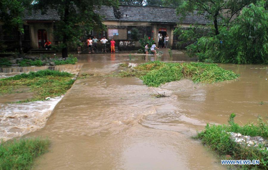 Photo taken on July 7, 2013 shows a flooded road in Xiaowang Village of Chaohu City, east China's Anhui Province. The northern areas of Chaohu were hit by rainstorm on Monday morning, causing severe damage to local residents. (Xinhua/Su Zishan)