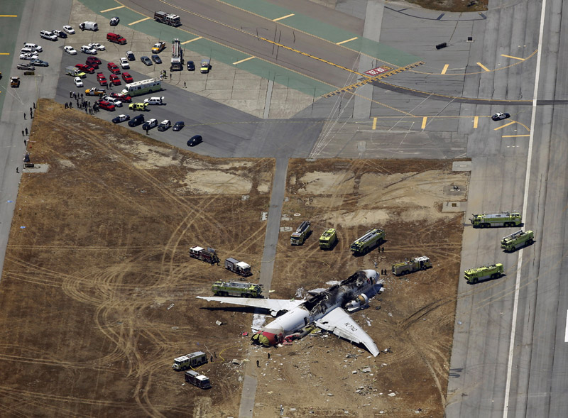 An aerial photo shows the wreckage of the Asiana Flight 214 airplane after it crashed at the San Francisco International Airport in San Francisco, July 6, 2013. Two Chinese women were confirmed dead in the crash, South Korea's transportation ministry said Sunday. (Photo/Xinhua)