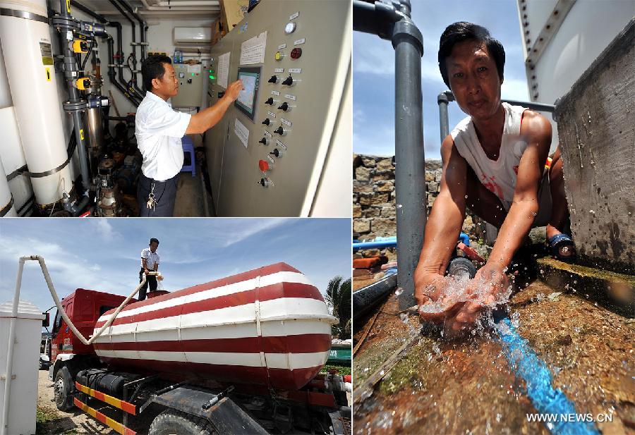 The combined photo taken on July 7, 2013 shows workers operating seawater desalination facilities on the Yongxing Island in Sansha City, south China's Hainan Province. Within one year after its establishment, infrastructure construction is going on well in Sansha. The first phase project of the Yongxing Island Sewage Treatment Plant and a seawater desalination factory has been put into use. The power grid transformation is in progress. And the Xisha People's Hospital is under construction. (Xinhua/Guo Cheng)