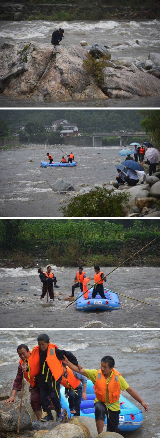 A combo shows an effort which rescued a stranded woman from the middle of a river in northwest China’s Shannxi province, July 1, 2013. (Xinhua/Liu Xiao)