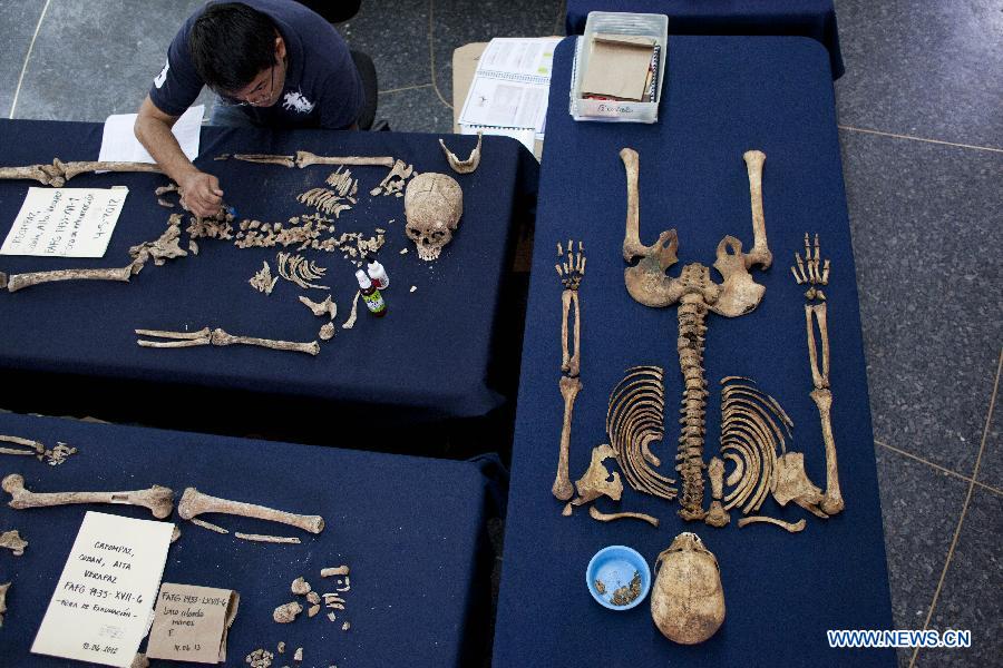 A worker of the Forensic Anthropology Foundation of Guatemala (FAFG, by its acronym in Spanish) analyzes the skeletal remains of a victim found in a clandestine cemetery, to perform a biological profile and identify their cause of death, in Guatemala City, Guatemala, on July 9, 2013. The FAFG works to identify missing persons during the Guatemala's Internal Armed Conflict (1960-1996) which amount to 40,000 according to data of the Historical Clarification Commission (CEH, for its acronym in Spanish). (Xinhua/Luis Echeverria)