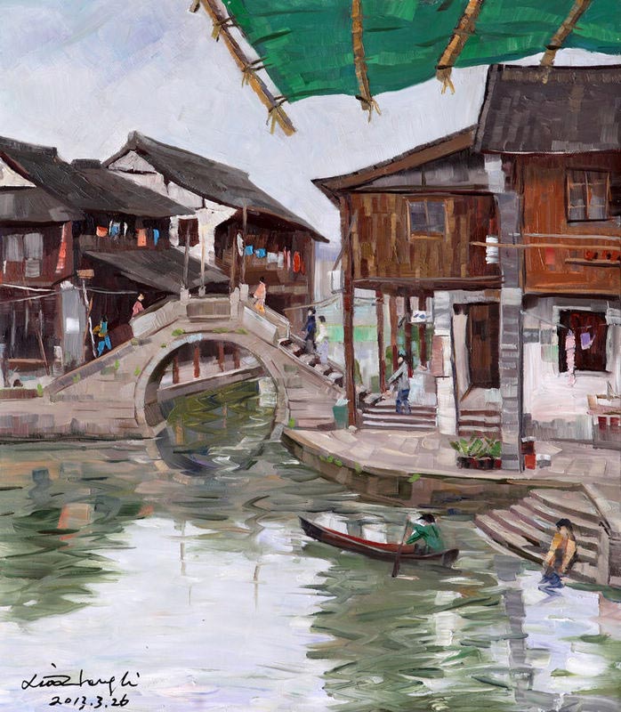 "Yongfeng Bridge, Keqiao Ancient Town, Shaoxing City" (80cmX70cm), March 26, 2013. Chinese Australian oil painter Li Xiaozheng's new exhibition themed "Jiangnan Charm" opened on July 7 at the Roundness Art Gallery in Beijing's Songzhuang, the largest art zone in both China and the world. The exhibition features 28 artworks created by Li during his 34-day fieldtrip, between March and April of this year, to Jiangnan. (China.org.cn/Zhang Junmian)