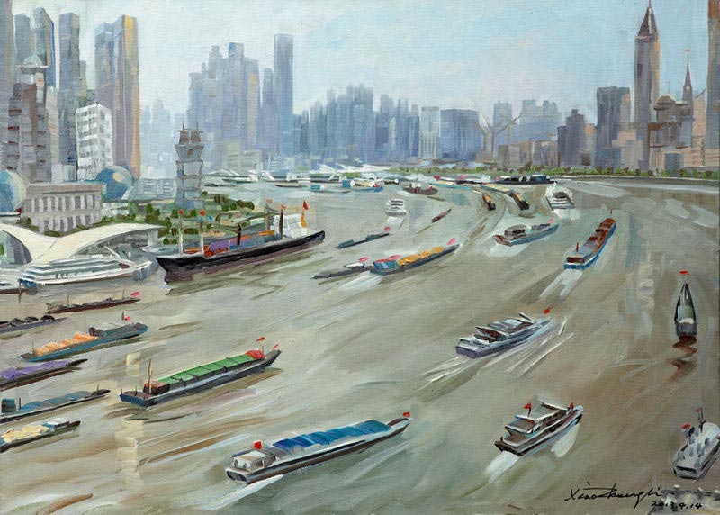 "Busy Huangpu River, Shanghai" (80cmX110cm), April 14, 2013. Chinese Australian oil painter Li Xiaozheng's new exhibition themed "Jiangnan Charm" opened on July 7 at the Roundness Art Gallery in Beijing's Songzhuang, the largest art zone in both China and the world. The exhibition features 28 artworks created by Li during his 34-day fieldtrip, between March and April of this year, to Jiangnan. (China.org.cn/Zhang Junmian)